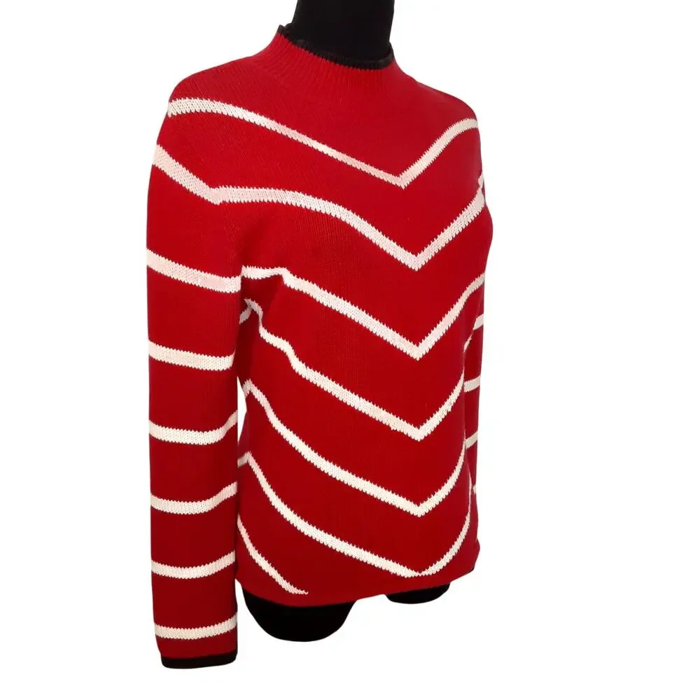 Vintage 80s Mock Neck Sweater Red White Chevron Pullover Nautical Stripe Preppy